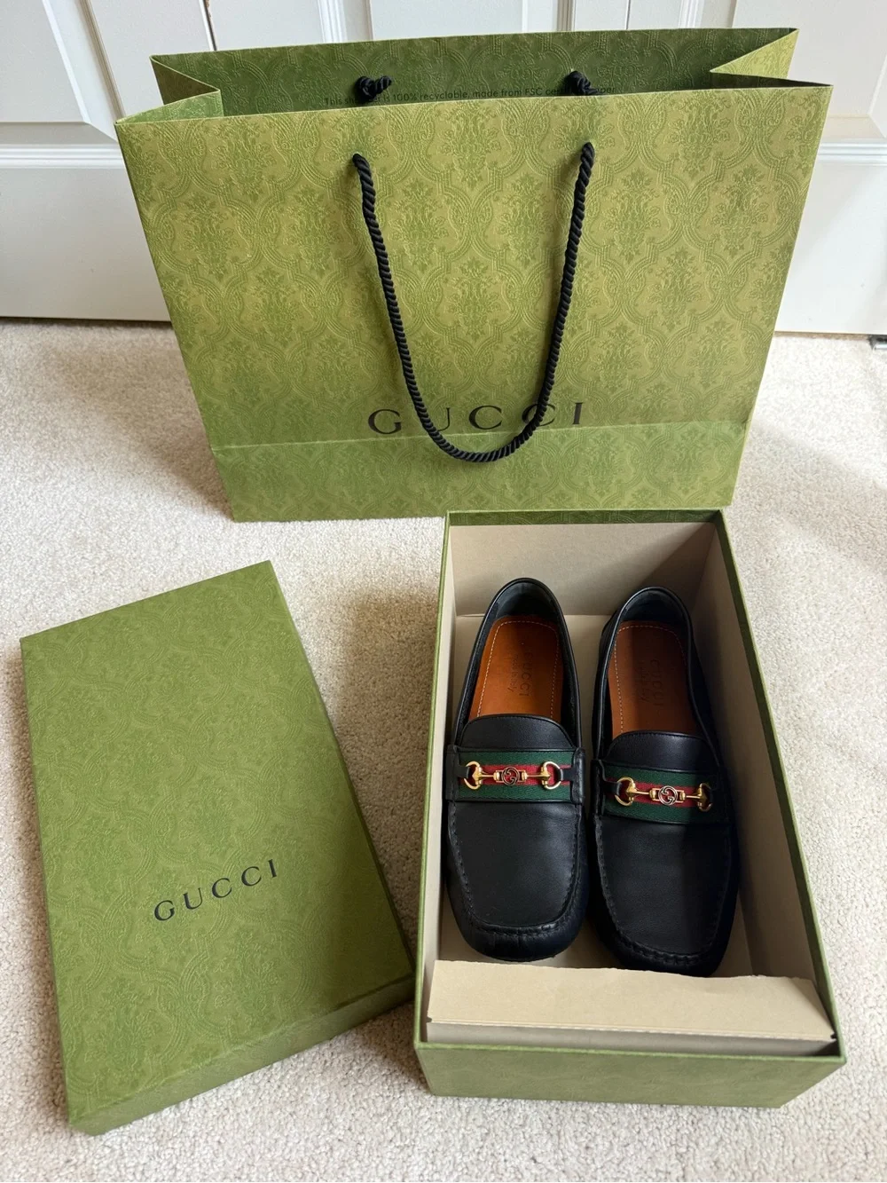 Gucci Black Leather Loafers with Green-Red Web & Gold Horsebit